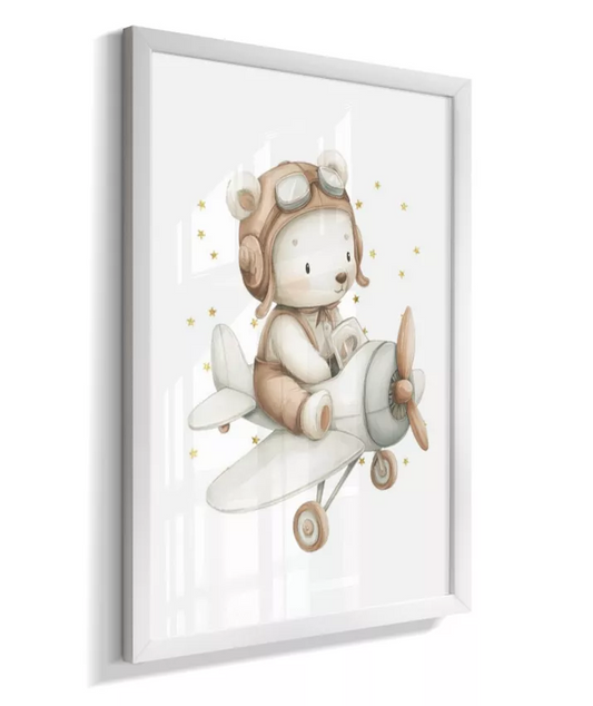 Quadro Infantil Decorativo Quarto Bebê Menino Ursinho Aviador Vintage
